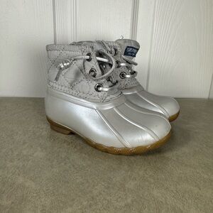 Sperry Silver Saltwater Duck Rain Boots Toddler Lace Up Metallic Size 6m